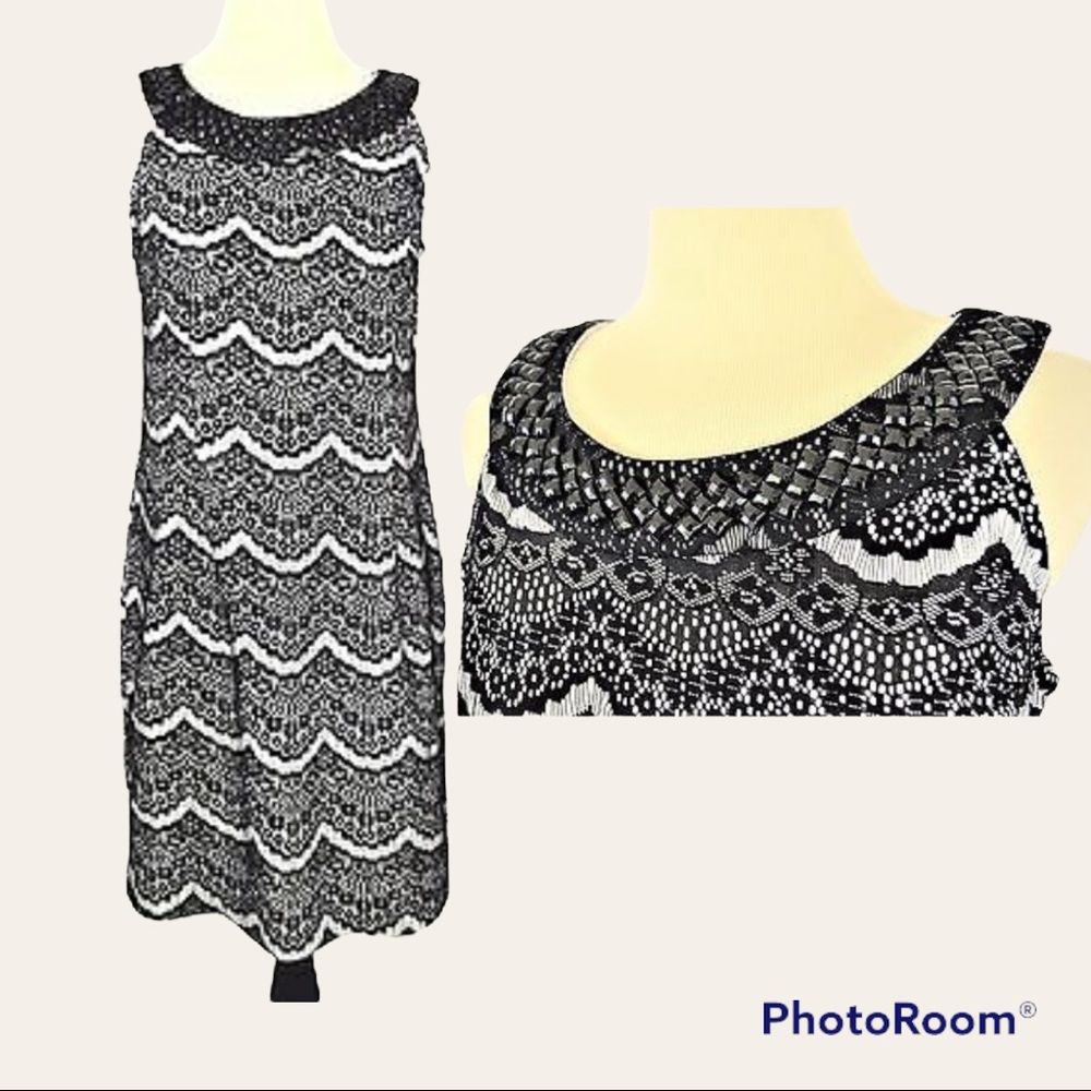 EUC DRESSB BARN Black White Lace Beads Jewels Sleeveless Stretch Party d…
